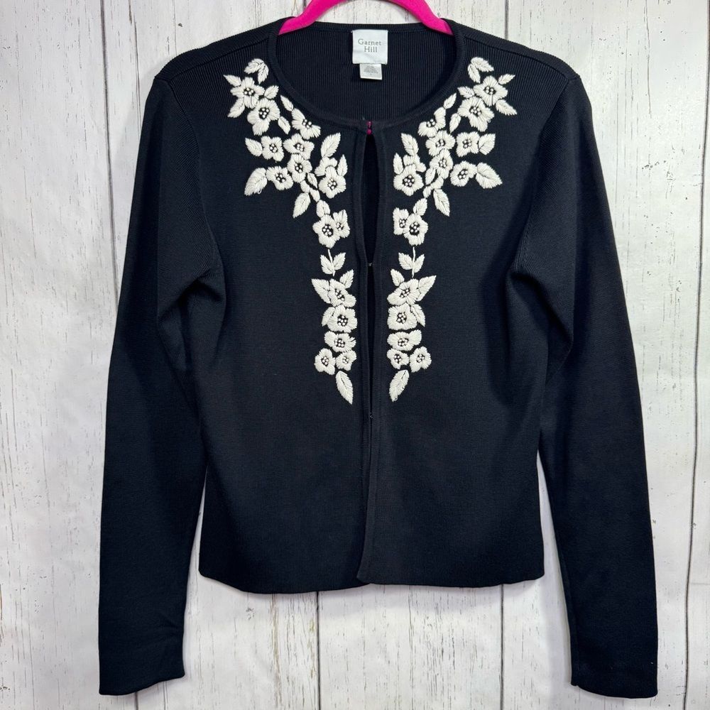 Garnet Hill Black Silk Cotton Embroidered Floral Cardigan S Classic Cottagecore